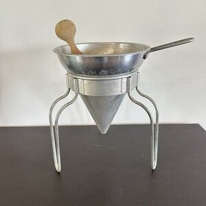 Vintage Aluminum Wear-Ever Sieve Cone Strainer Wood Pestle w/ Stand Canning
